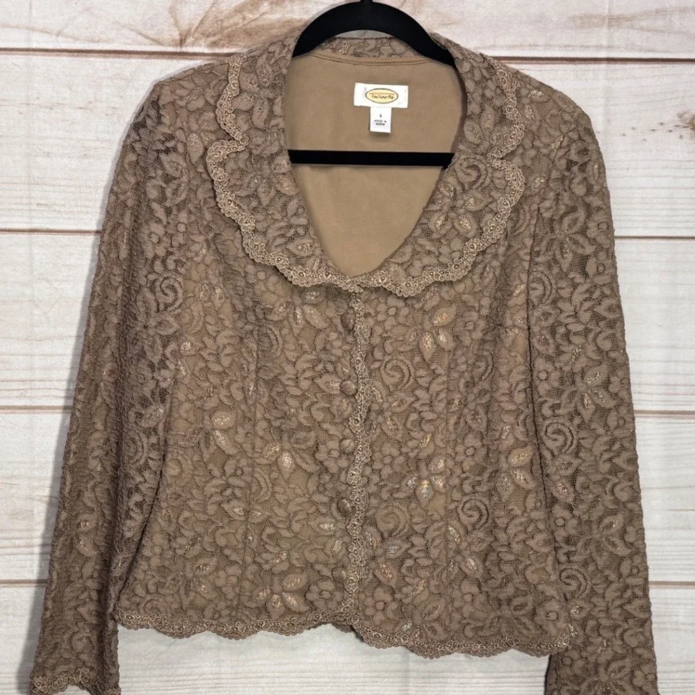 Talbots Brown Gold Metallic Floral Lace Button Front Jacket Scalloped Collar 4